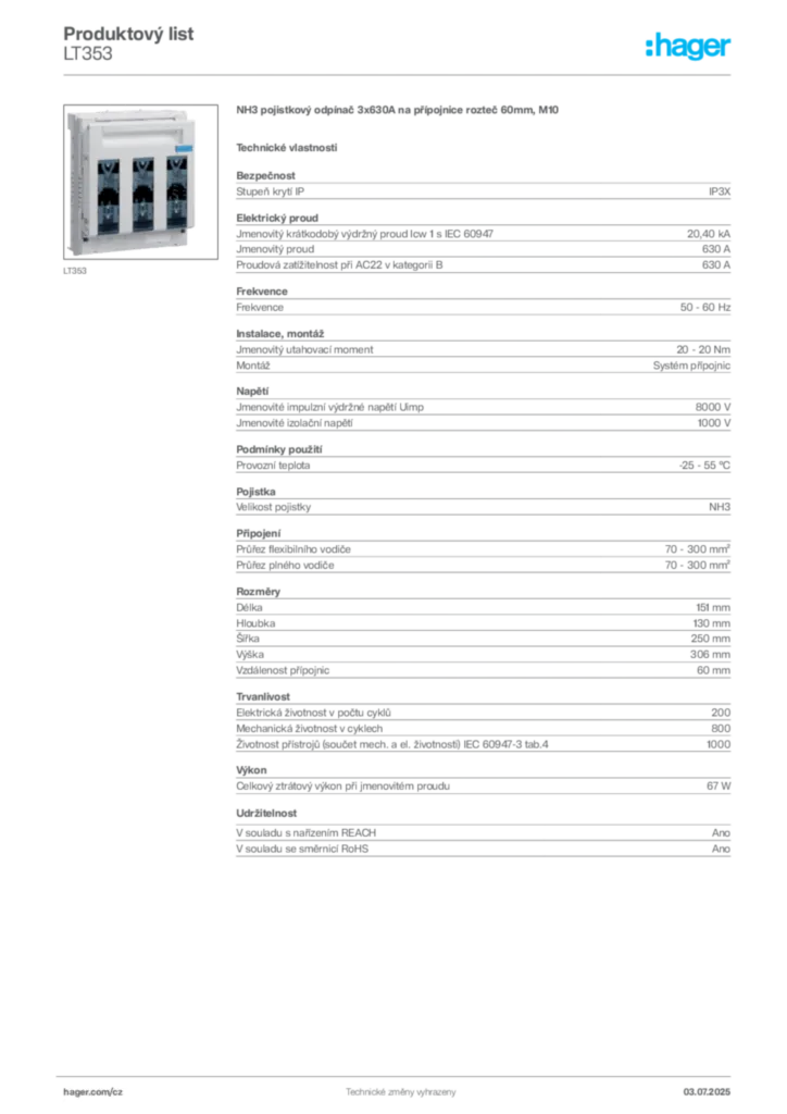 Obrázek Hager Produktový list LT353 | Hager