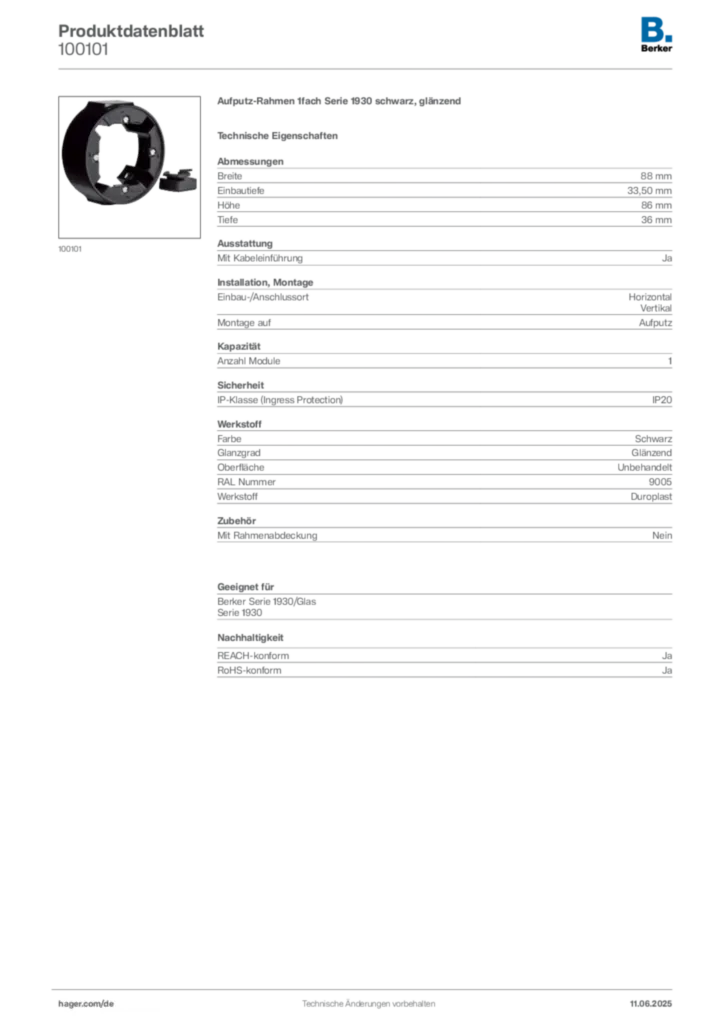 Bild Berker Produktdatenblatt 100101 | Hager Deutschland