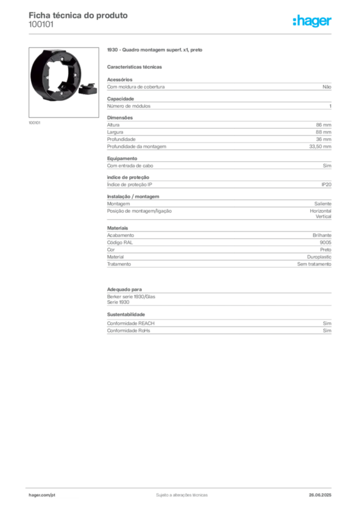 Imagem Hager Ficha técnica do produto 100101 | Hager Portugal