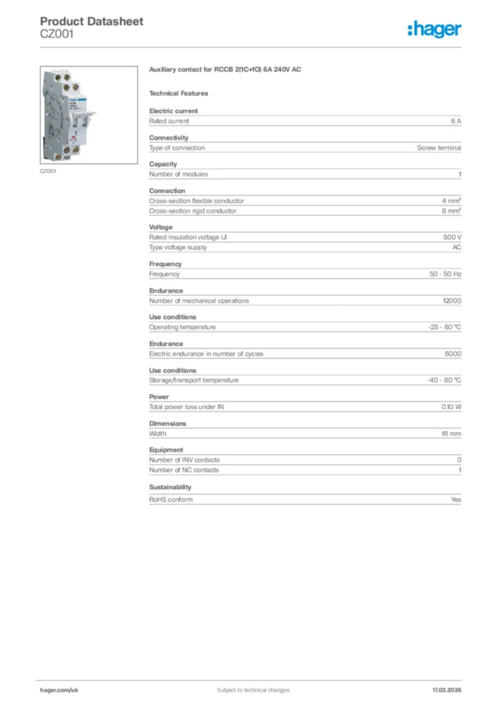 Image Hager Product data sheet CZ001  | Hager