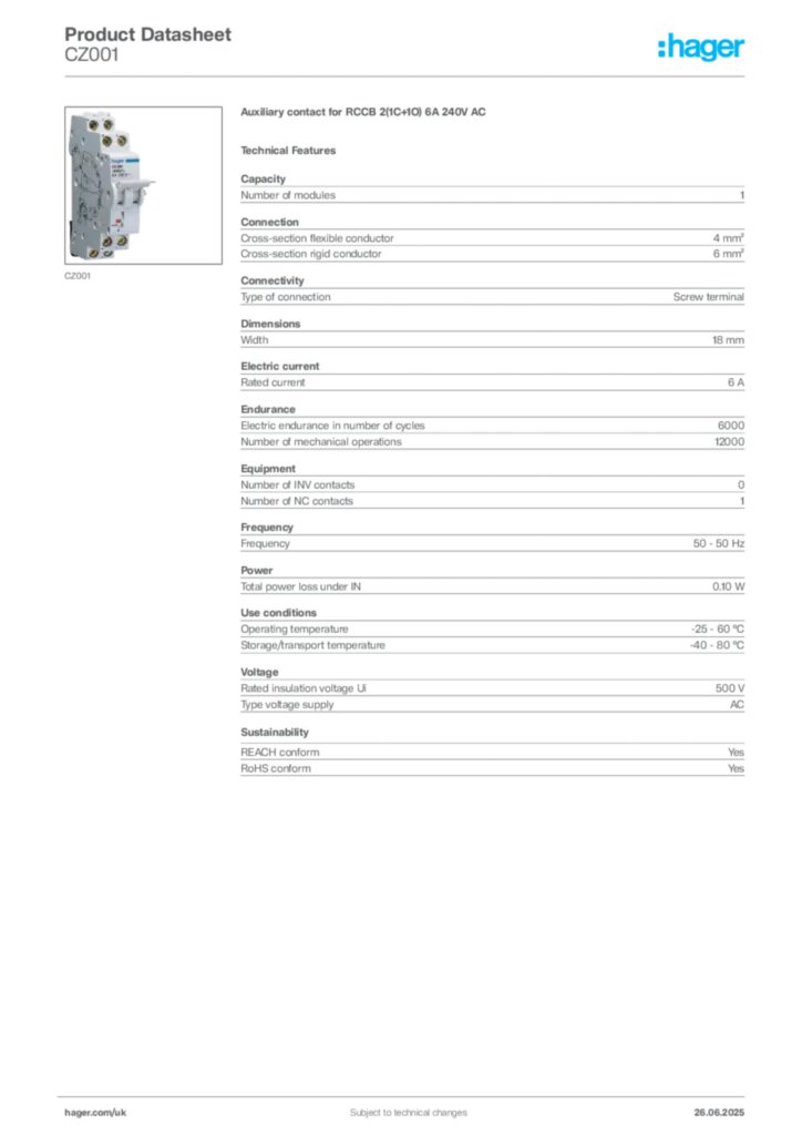Image Hager Product data sheet CZ001  | Hager