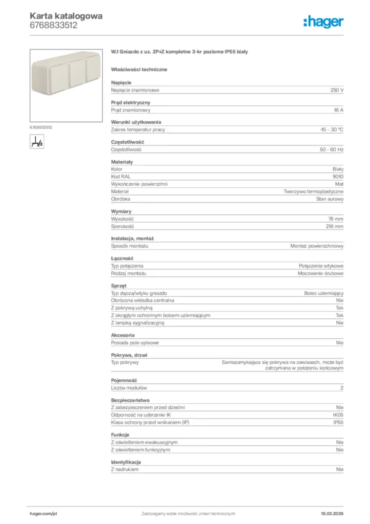 Zdjęcie Hager Karta katalogowa 6768833512 | Hager Polska