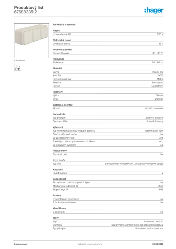 Obrázek Hager Product data sheet 6768833512 | Hager