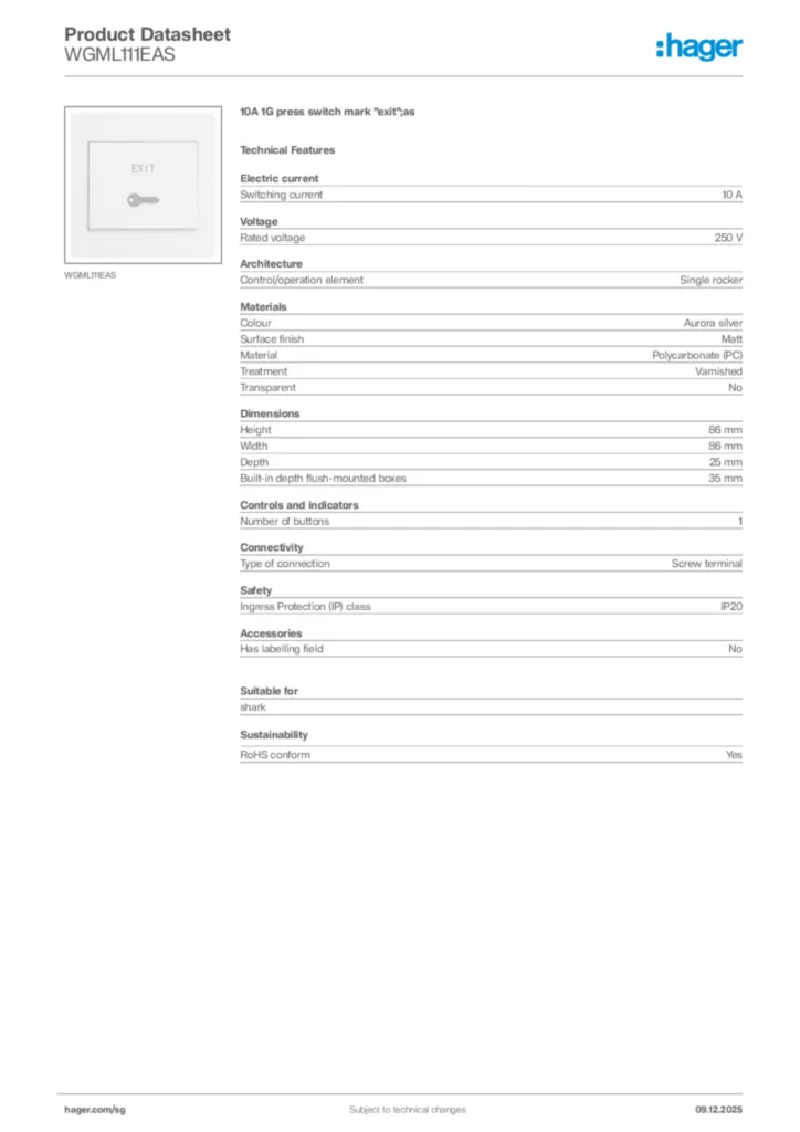 Image Hager Product data sheet WGML111EAS  | Hager