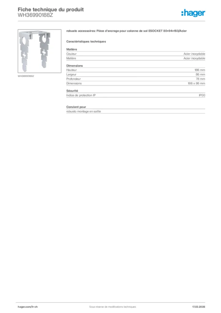 Image Hager Fiche technique du produit WH36990188Z | Hager Suisse