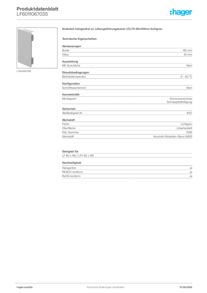 Bild Hager Produktdatenblatt LF6011067035 | Hager Deutschland