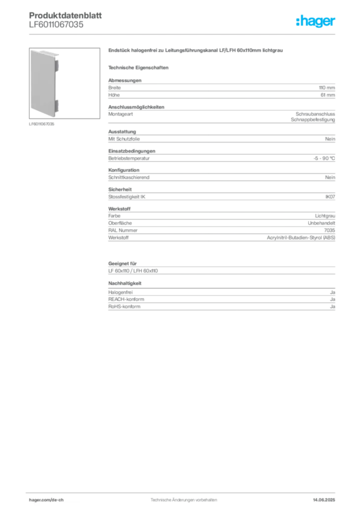 Bild Hager Produktdatenblatt LF6011067035 | Hager Schweiz