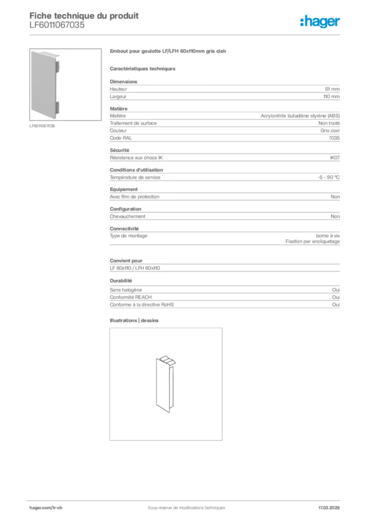 Image Hager Fiche technique du produit LF6011067035 | Hager Suisse
