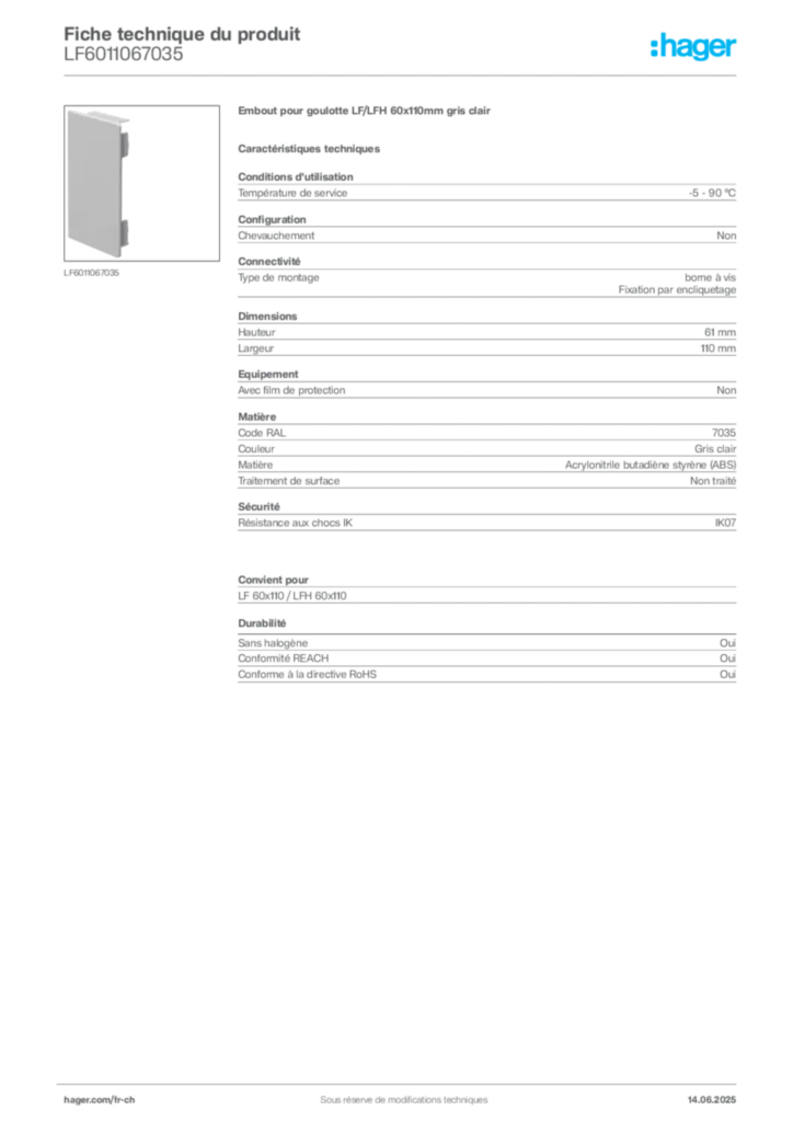 Image Hager Fiche technique du produit LF6011067035 | Hager Suisse