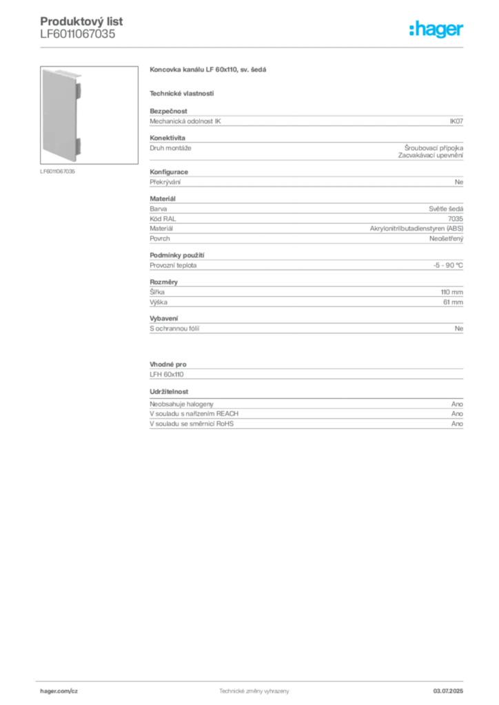 Obrázek Hager Produktový list LF6011067035 | Hager
