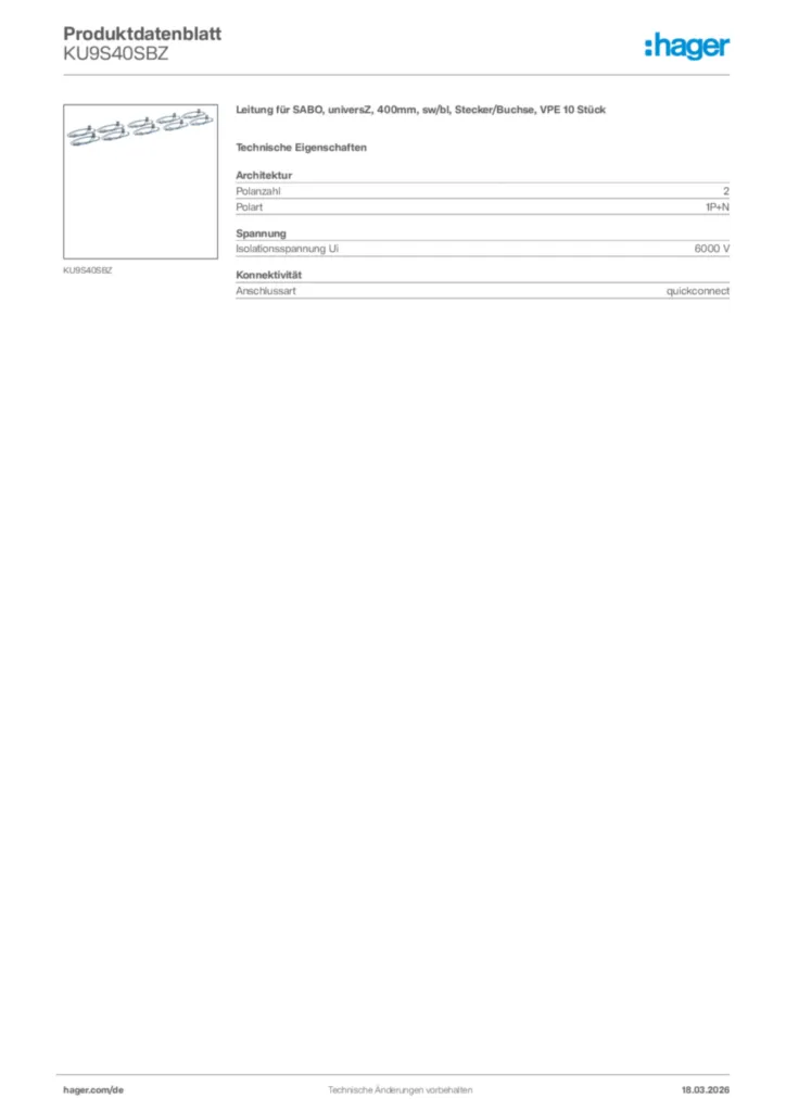 Bild Hager Produktdatenblatt KU9S40SBZ | Hager Deutschland