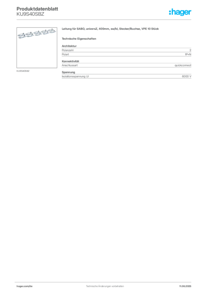 Bild Hager Produktdatenblatt KU9S40SBZ | Hager Deutschland
