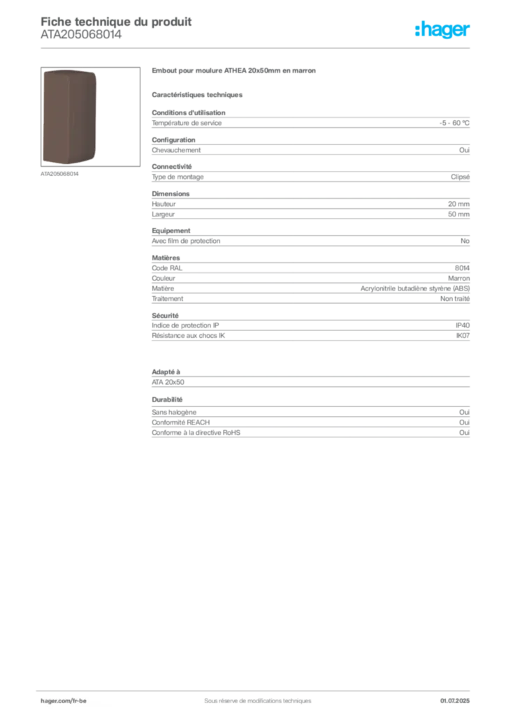Image Hager Fiche technique du produit ATA205068014 | Hager Belgique