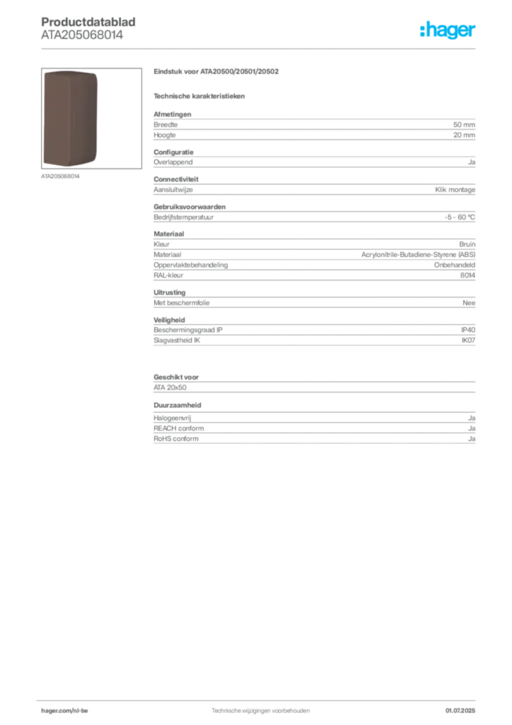 Afbeelding Hager Productdatablad ATA205068014 | Hager Belgium