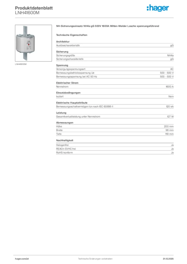 Bild Hager Produktdatenblatt LNH41600M | Hager Deutschland