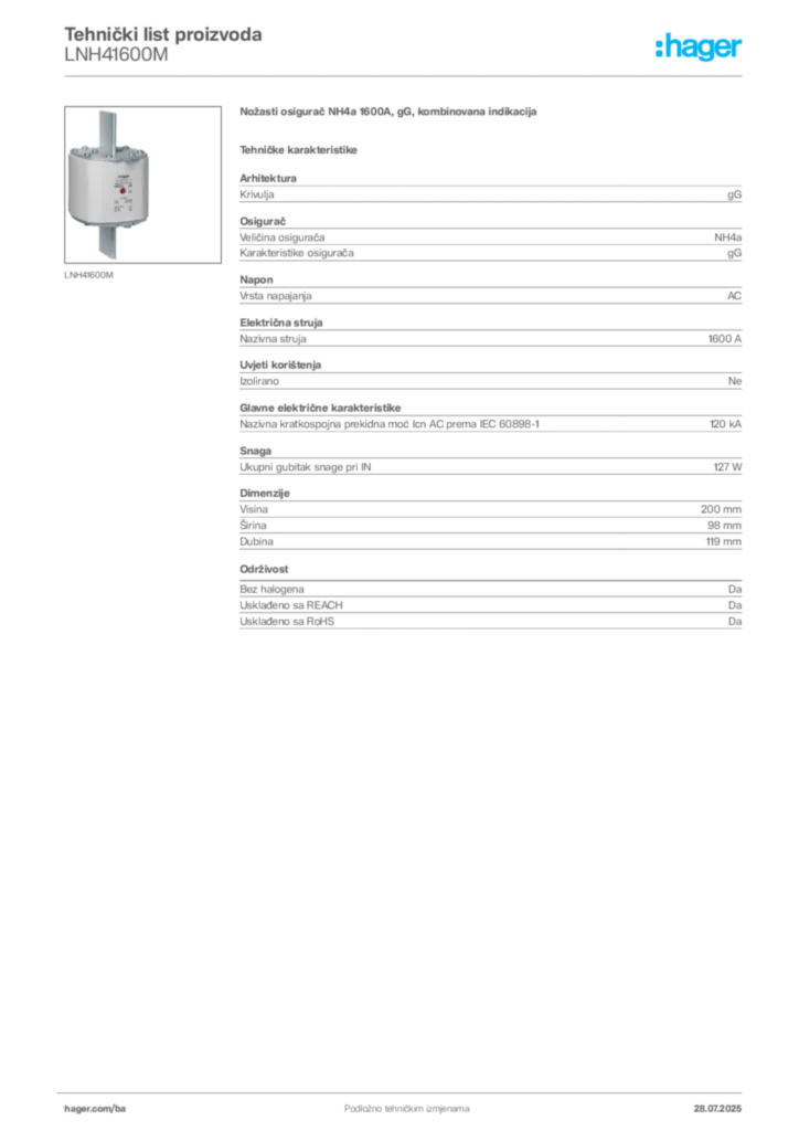 Slika Hager Product data sheet LNH41600M  | Hager