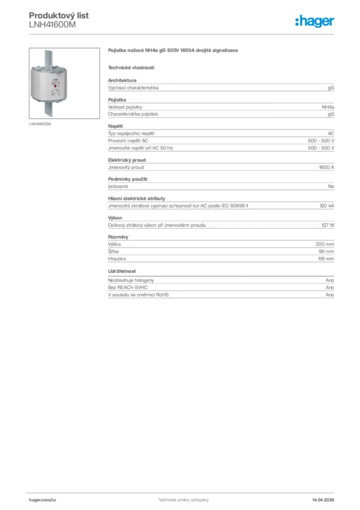 Obrázek Hager Product data sheet LNH41600M | Hager