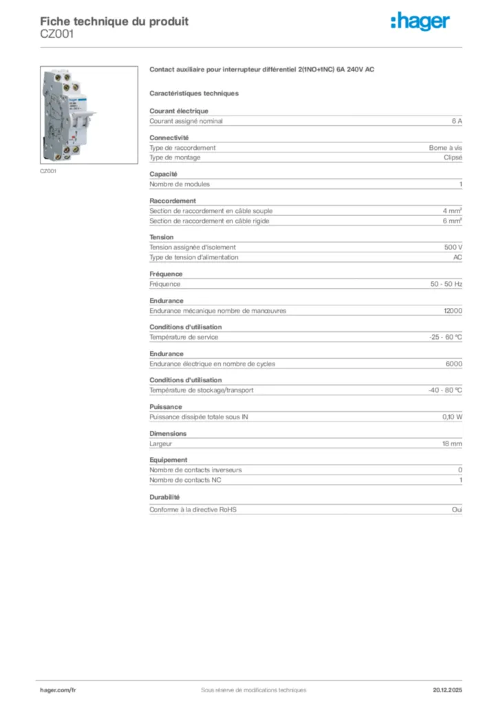 Image Hager Fiche technique du produit CZ001 | Hager France