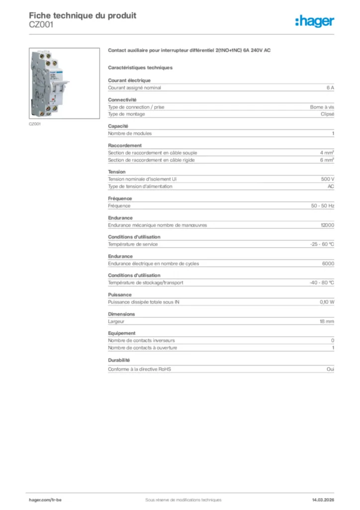 Image Hager Fiche technique du produit CZ001 | Hager Belgique