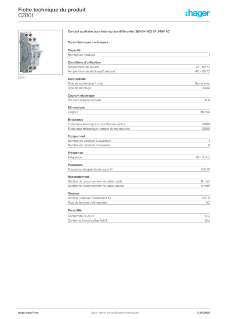 Image Hager Fiche technique du produit CZ001 | Hager Belgique