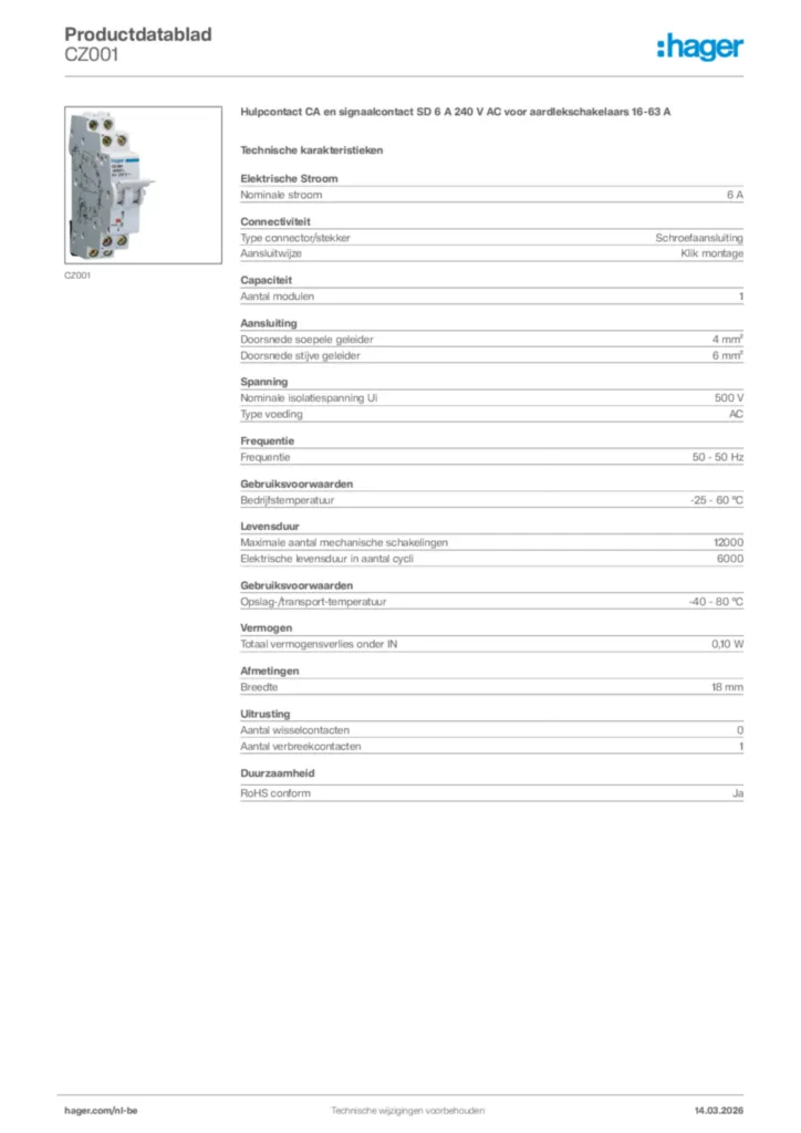 Afbeelding Hager Productdatablad CZ001 | Hager Belgium