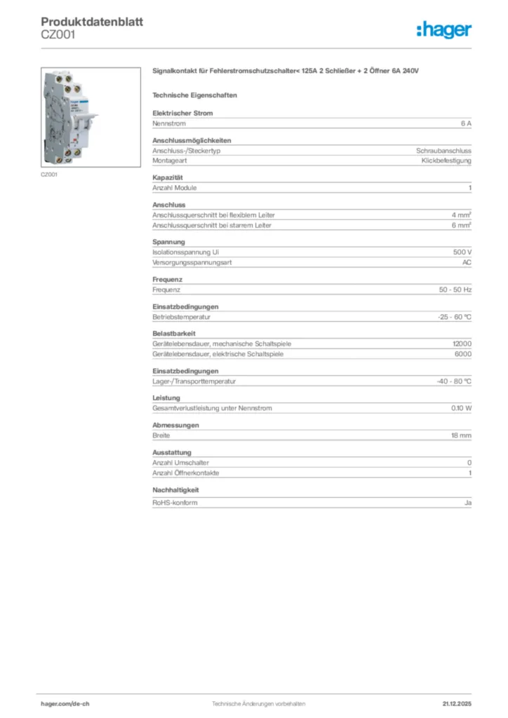 Bild Hager Produktdatenblatt CZ001 | Hager Schweiz