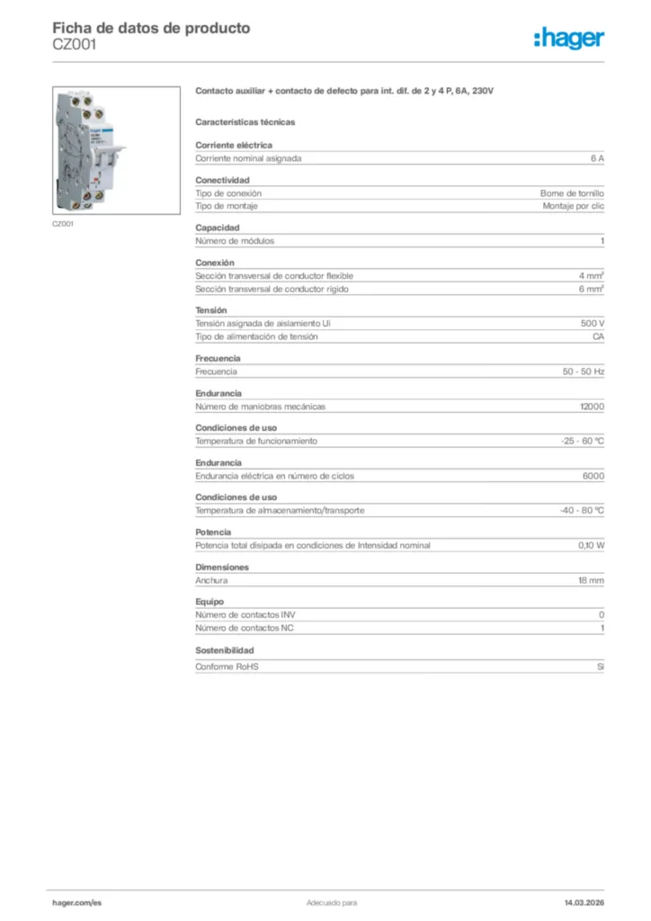 Imagen Hager Ficha de datos de producto CZ001 | Hager España