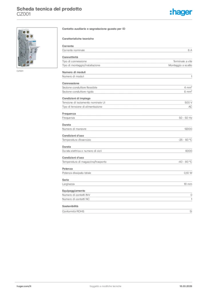 Immagine Hager Scheda tecnica del prodotto CZ001 | Hager Italia