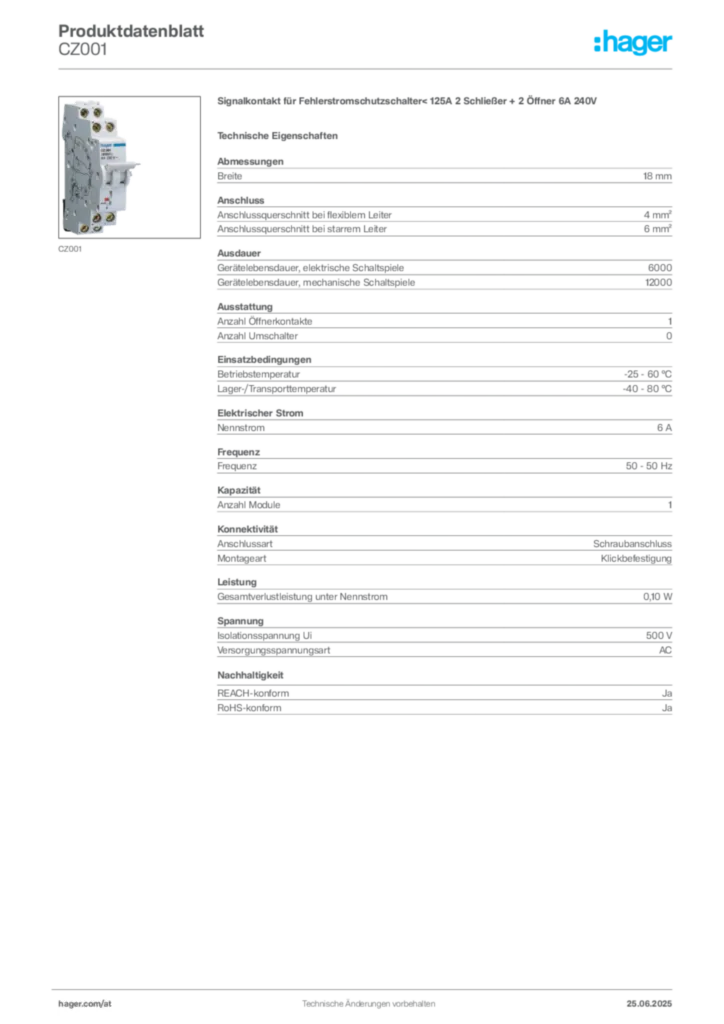 Bild Hager Produktdatenblatt CZ001 | Hager Deutschland