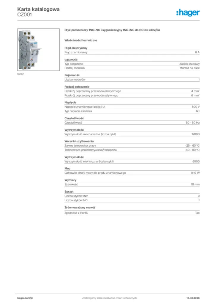 Zdjęcie Hager Karta katalogowa CZ001 | Hager Polska