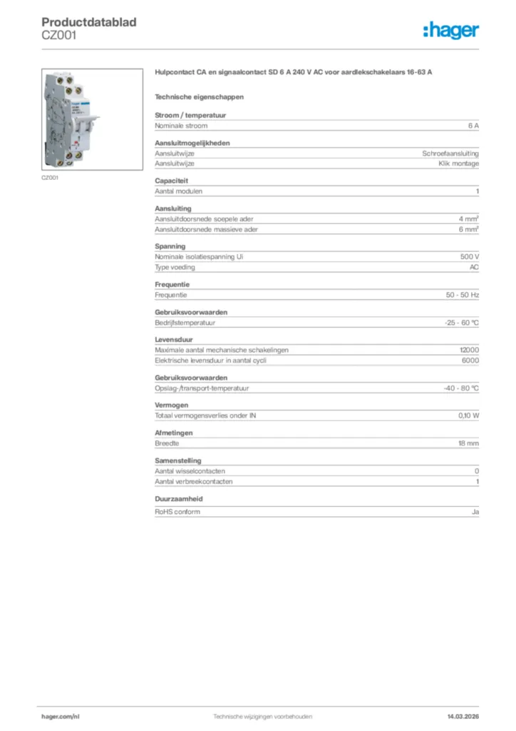 Afbeelding Hager Productdatablad CZ001 | Hager Nederland