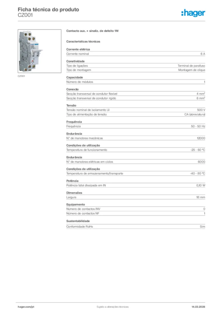 Imagem Hager Ficha técnica do produto CZ001 | Hager Portugal