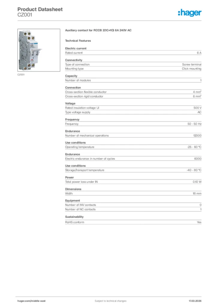 Image Hager Product data sheet CZ001  | Hager