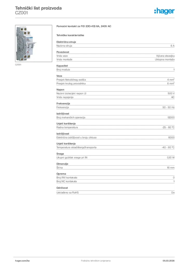 Slika Hager Tehnički list proizvoda CZ001  | Hager