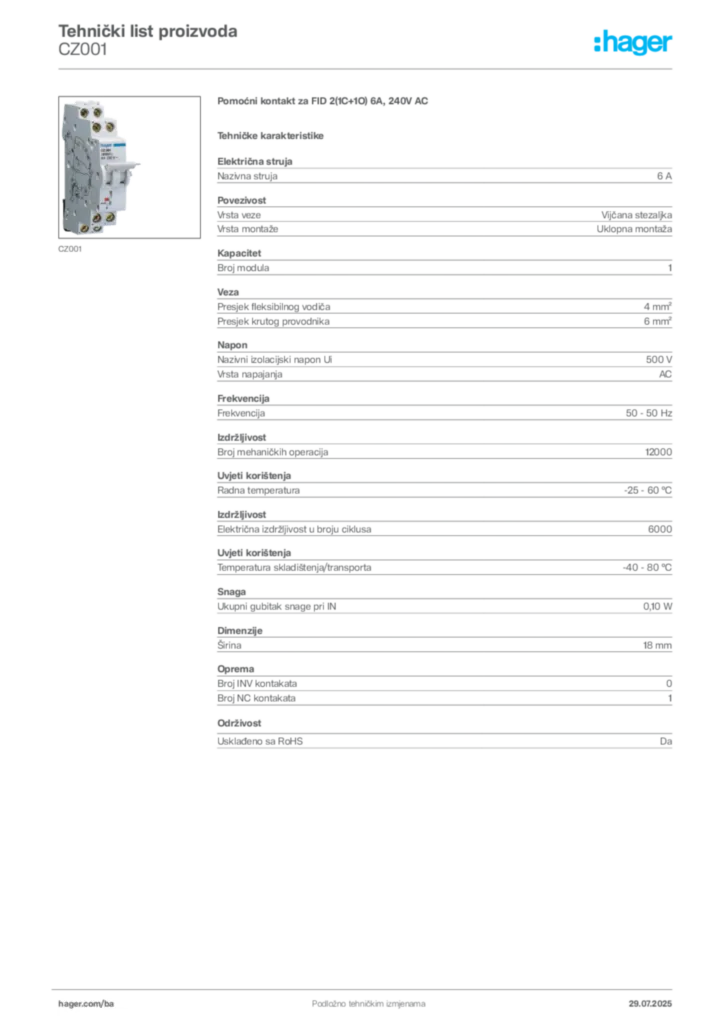 Slika Hager Product data sheet CZ001  | Hager