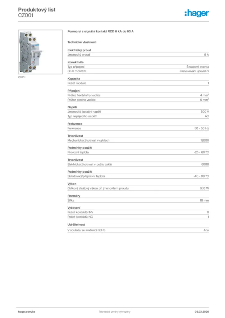 Obrázek Hager Product data sheet CZ001 | Hager