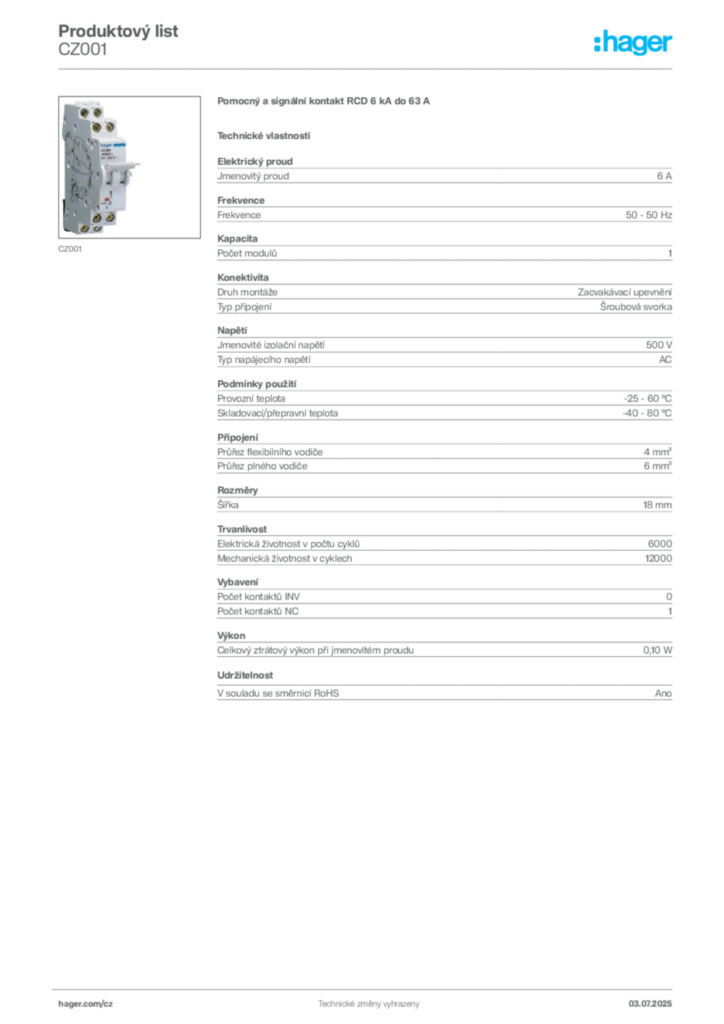 Obrázek Hager Produktový list CZ001 | Hager