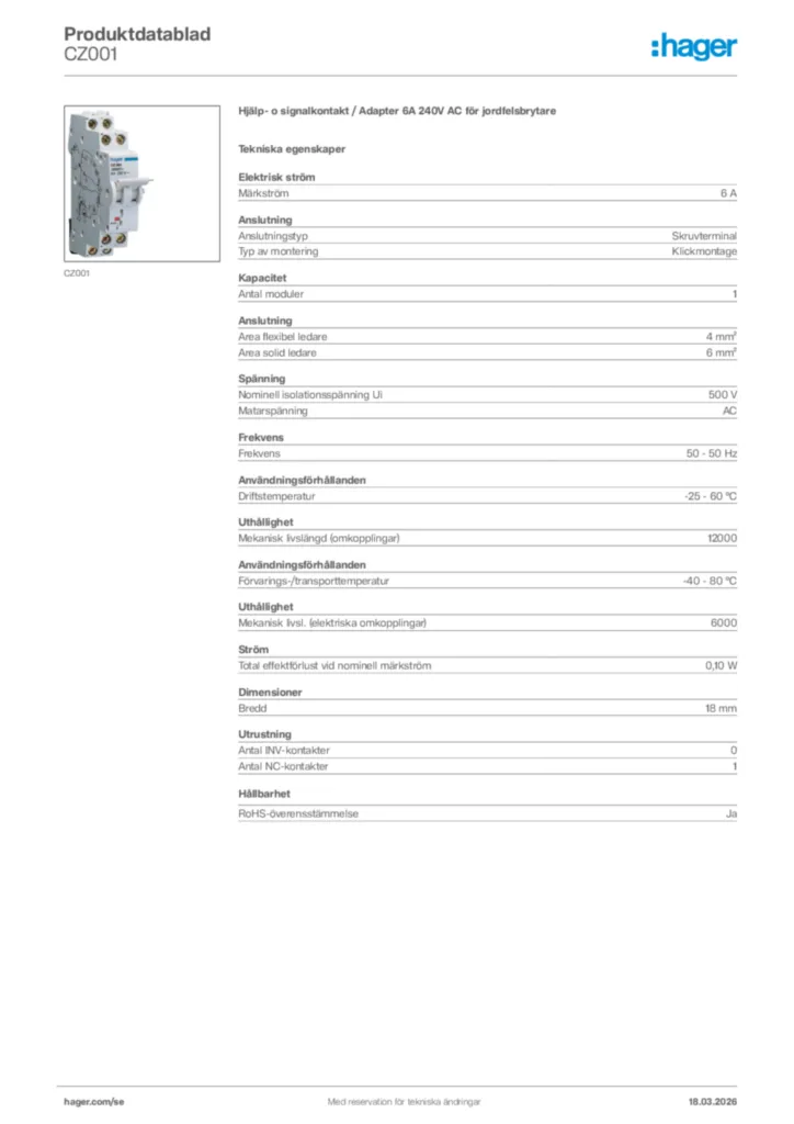 Bild Hager Produktdatablad CZ001 | Hager Sverige