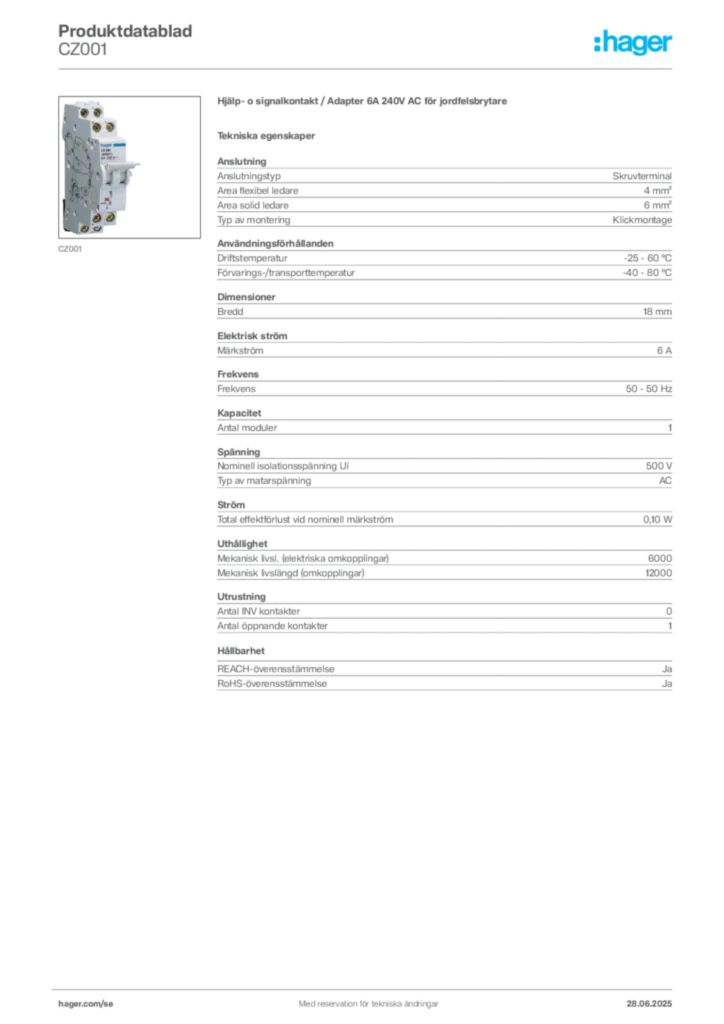 Bild Hager Produktdatablad CZ001 | Hager Sverige