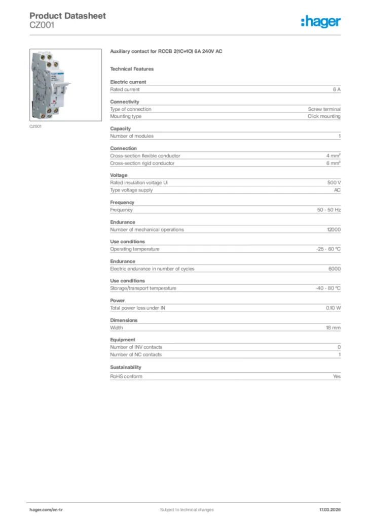 Image Hager Product data sheet CZ001  | Hager