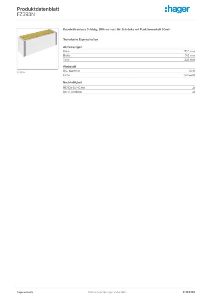 Bild Hager Produktdatenblatt FZ393N | Hager Deutschland