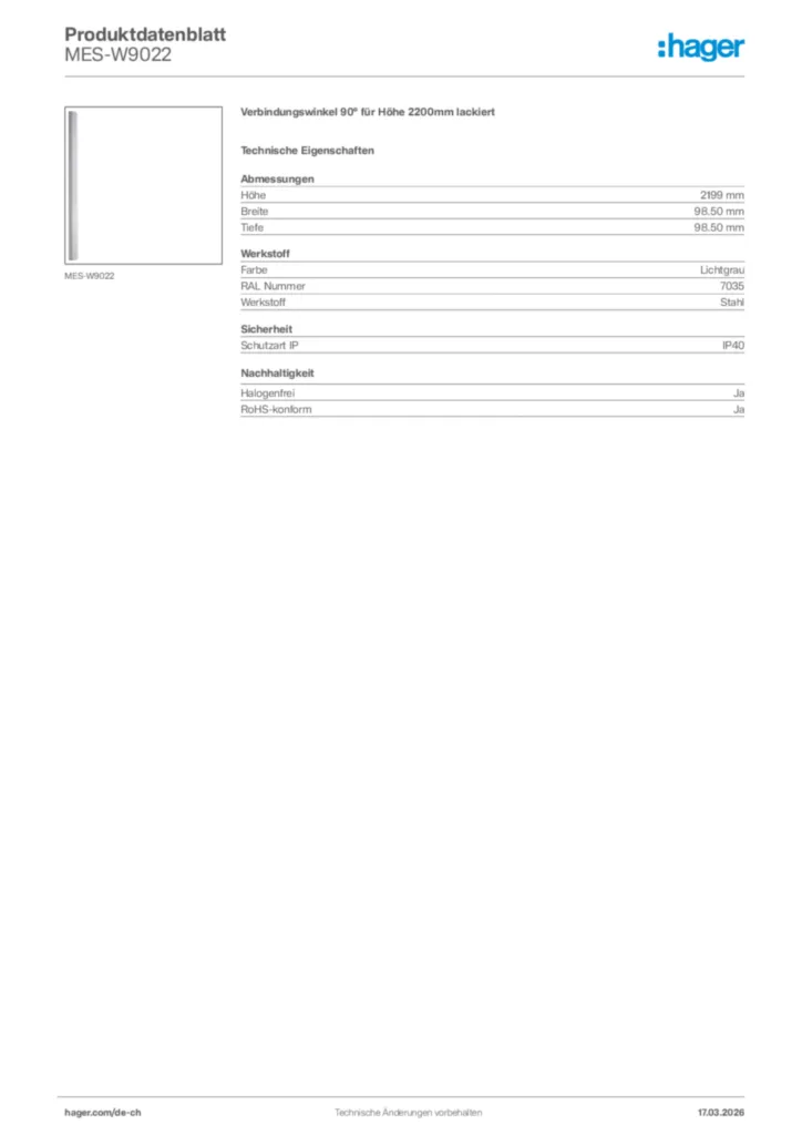 Bild Hager Produktdatenblatt MES-W9022 | Hager Schweiz