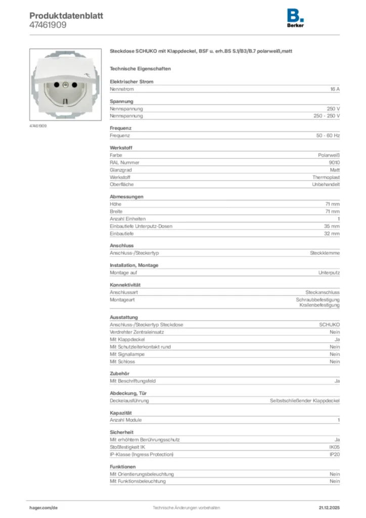 Bild Berker Produktdatenblatt 47461909 | Hager Deutschland