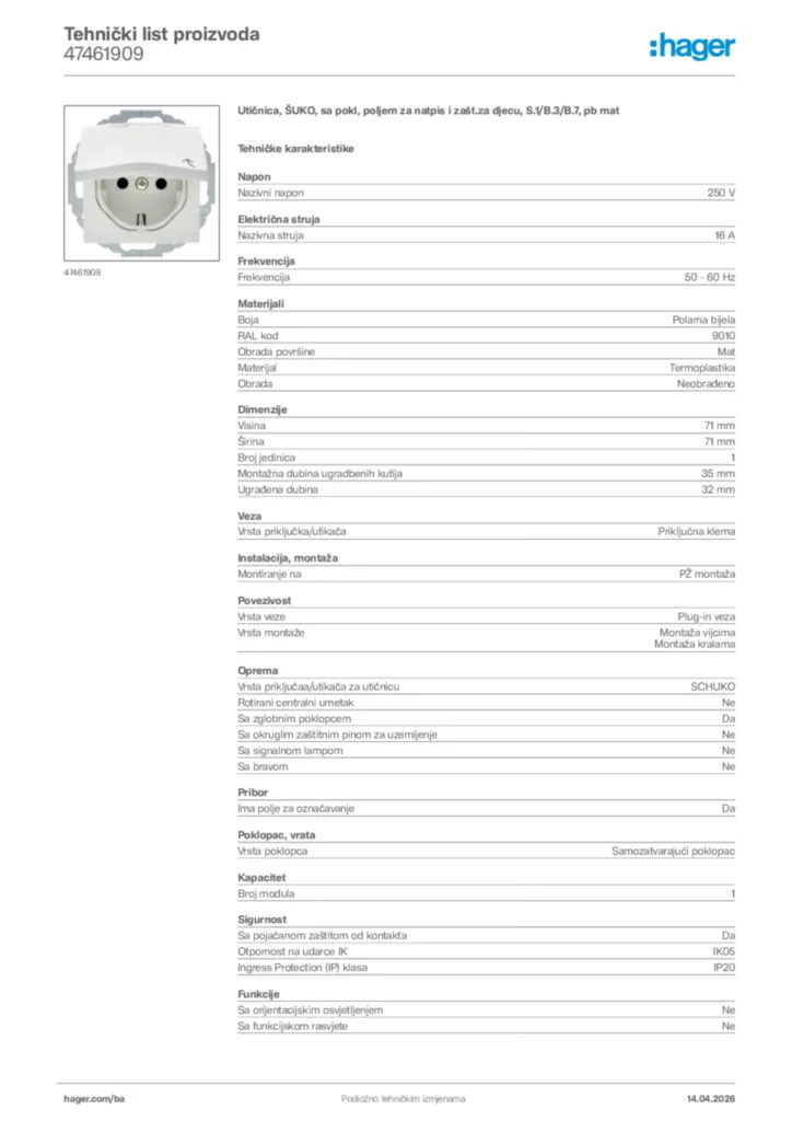 Slika Hager Tehnički list proizvoda 47461909  | Hager