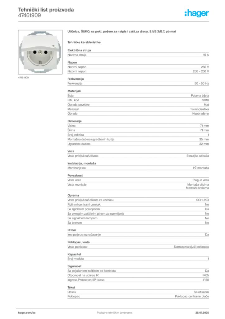 Slika Hager Product data sheet 47461909  | Hager