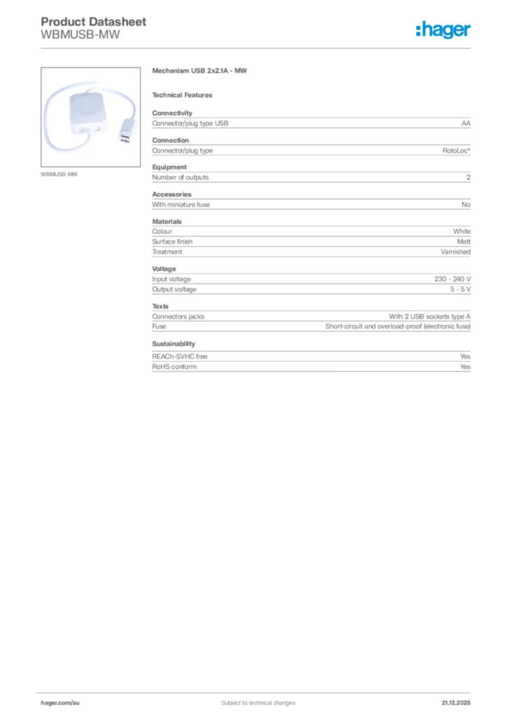 Image Hager Product data sheet WBMUSB-MW  | Hager Australia