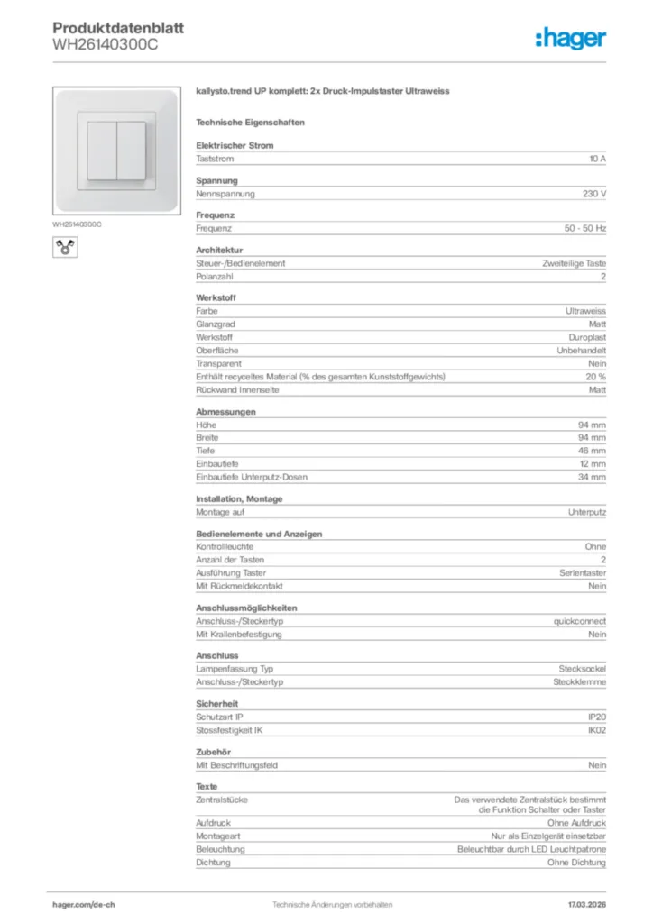 Bild Hager Produktdatenblatt WH26140300C | Hager Schweiz