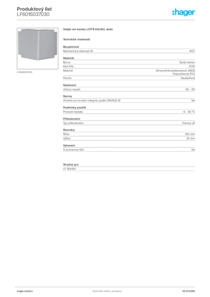 Obrázek Hager Produktový list LF6015037030 | Hager