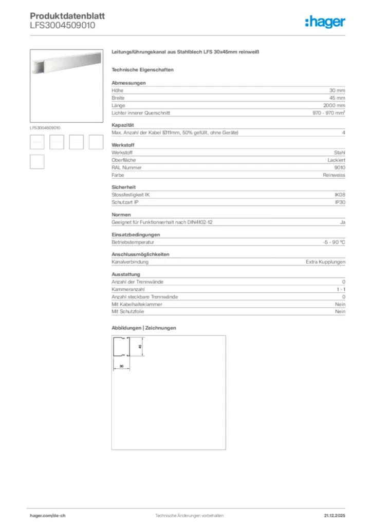 Bild Hager Produktdatenblatt LFS3004509010 | Hager Schweiz