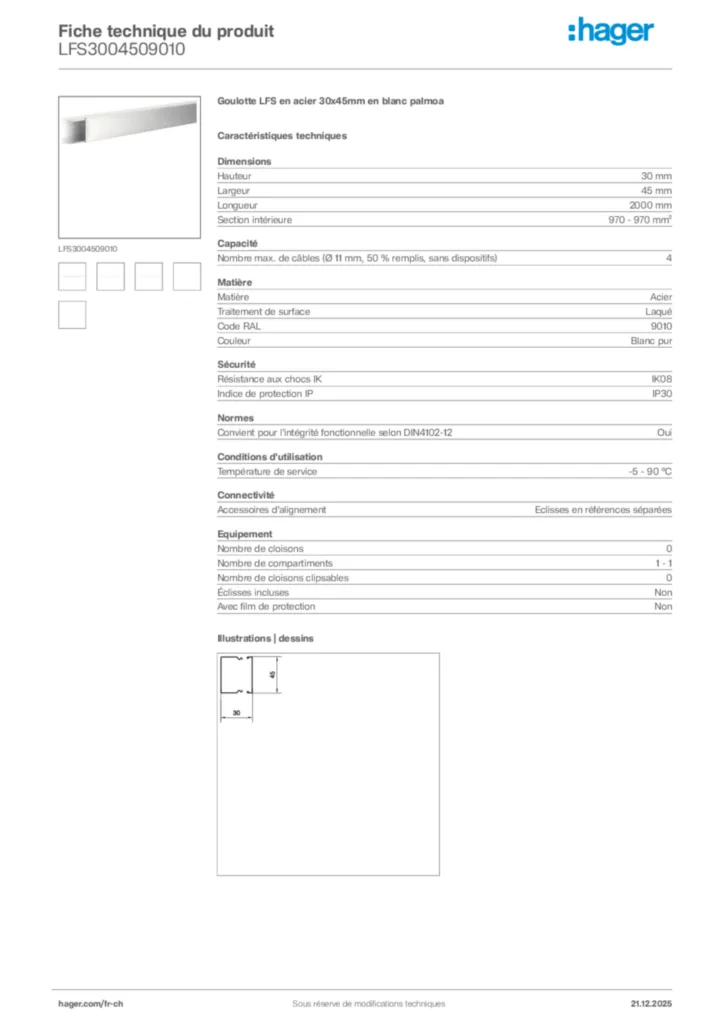 Image Hager Fiche technique du produit LFS3004509010 | Hager Suisse
